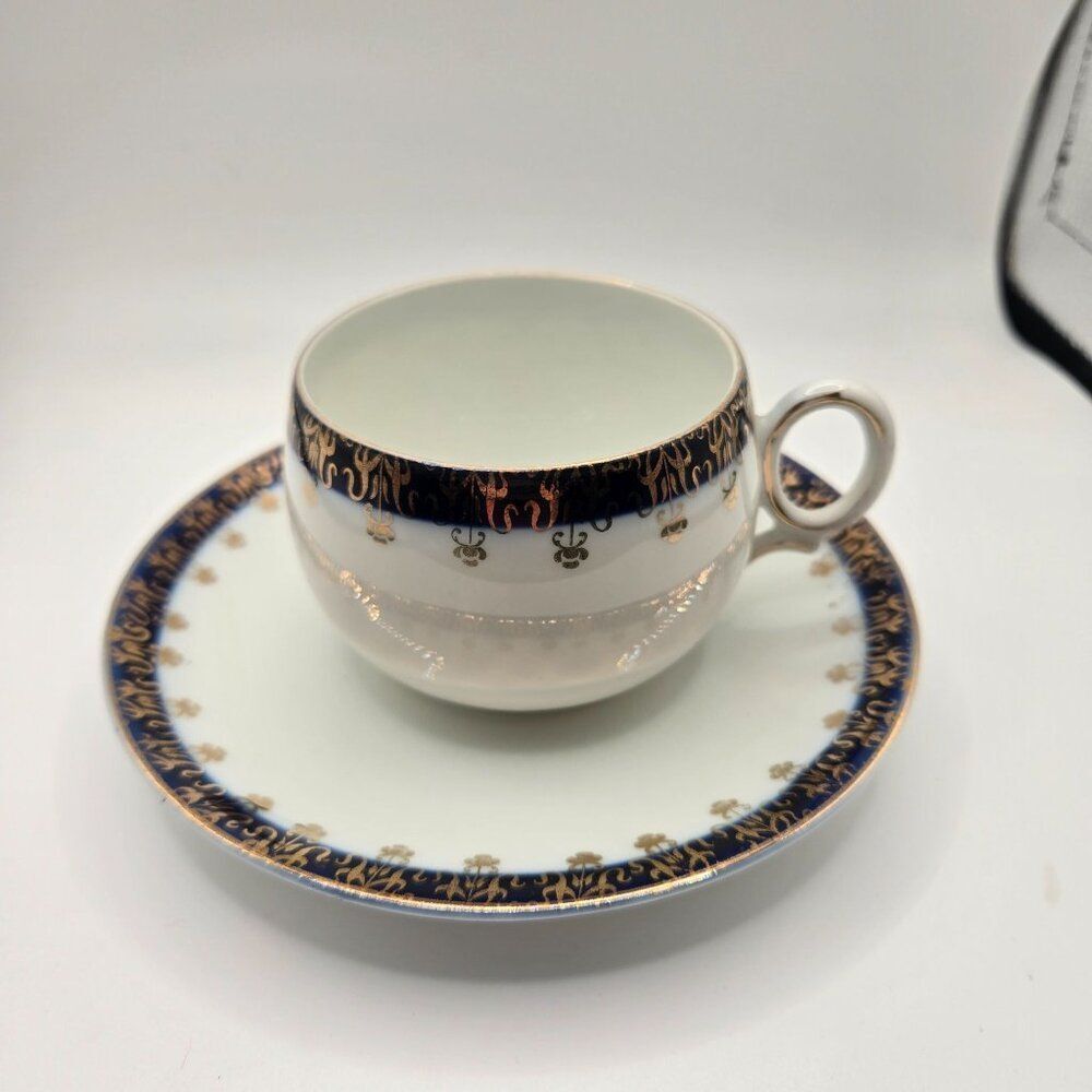 Vintage Porcelain Teacup Saucer Cobalt Blue Gold Trim Made in Germany